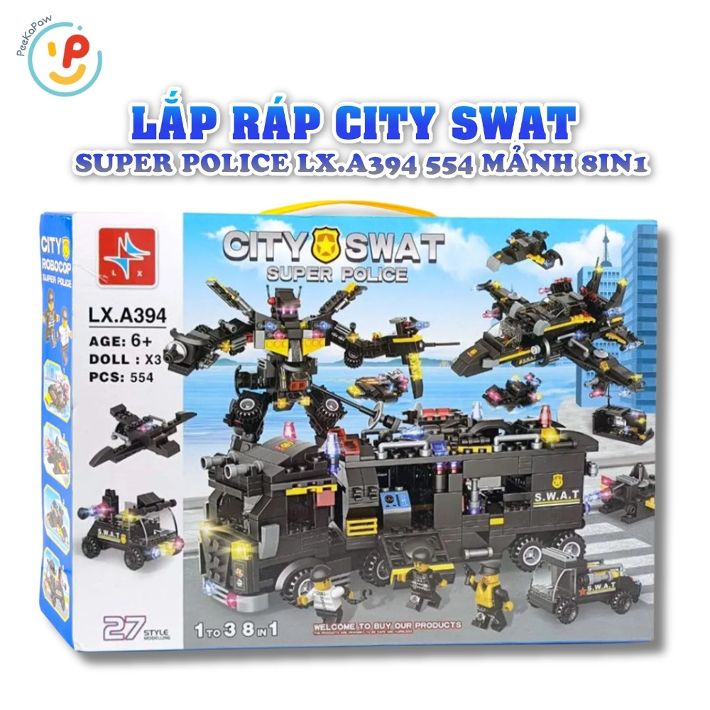 Bộ Lắp Ráp City SWAT Super Police LX.A394 554 Mảnh 8in1 Kèm 3 Nhân Vật – PeeKaPaw Toys