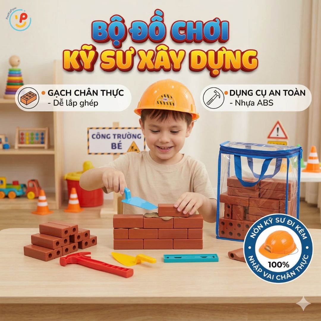 Đồ Chơi Kỹ Sư Xây Dựng HT7883 Kèm Mũ Và Dụng Cụ Túi Gạch PeeKaPaw Toys