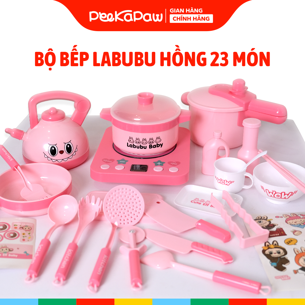 Đồ chơi nhà bếp Labubu hồng 23 món bếp có đèn âm thanh S20-16 PeeKaPaw Toys