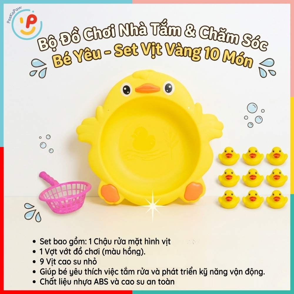Thau 8 chú vịt con chút chít kèm vợt 916-47 đồ chơi nhà tắm PeeKaPaw Toys