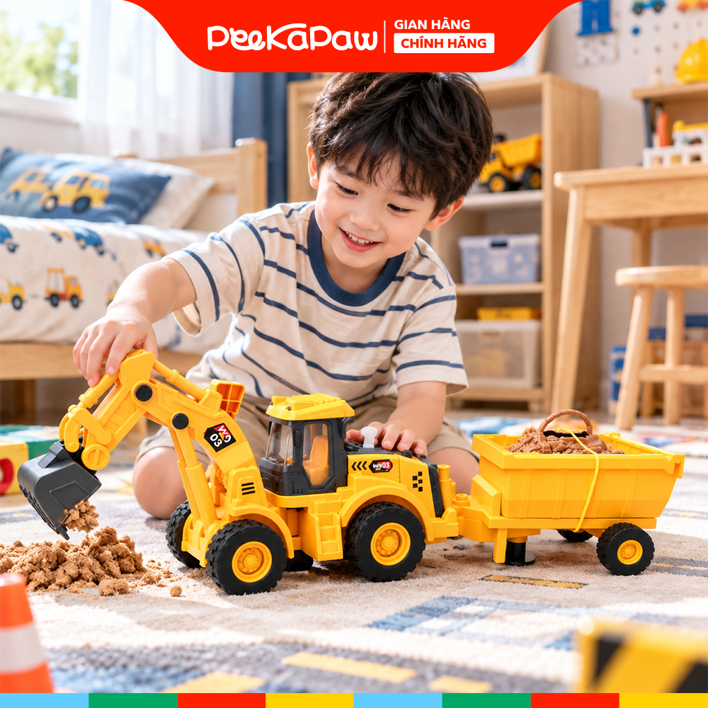 Xe xúc chở gỗ đồ chơi dài 40cm có đèn xoay 360 độ chính hãng Vector VT103 PeeKaPaw Toys