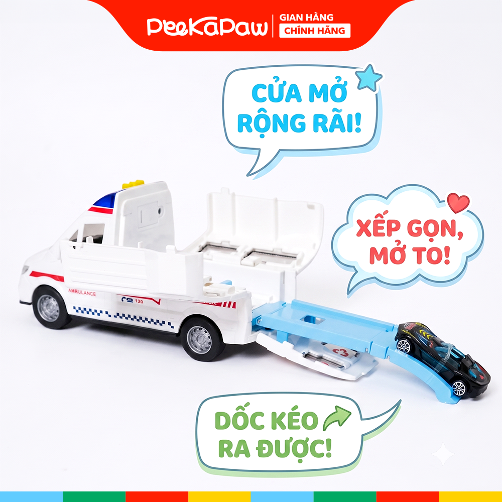 Xe cứu thương kèm đường ray ô tô mở cửa thân xe 708-7 PeeKaPaw Toys
