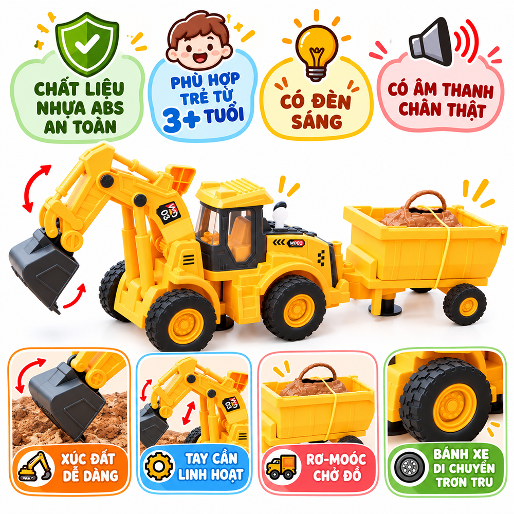 Xe xúc chở gỗ đồ chơi dài 40cm có đèn xoay 360 độ chính hãng Vector VT103 PeeKaPaw Toys