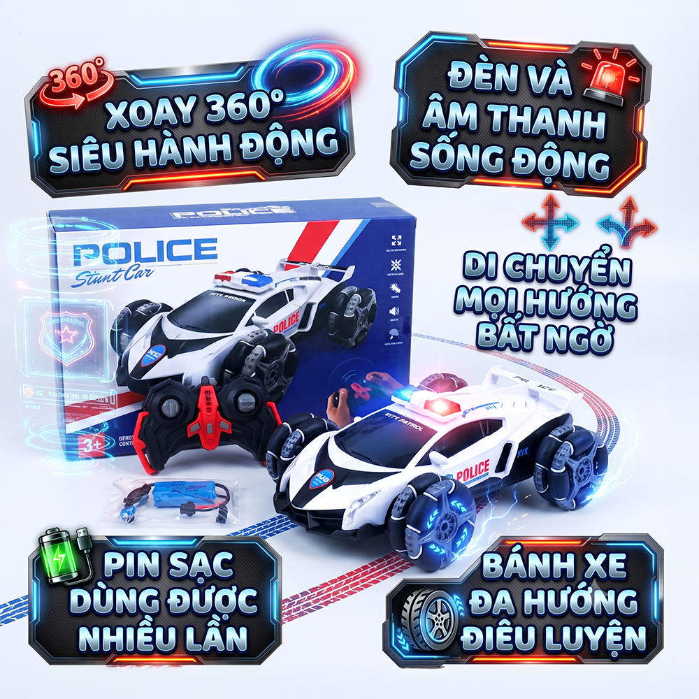 Xe cảnh sát điều khiển pin sạc bánh xe Omni có đèn âm thanh 666-171
