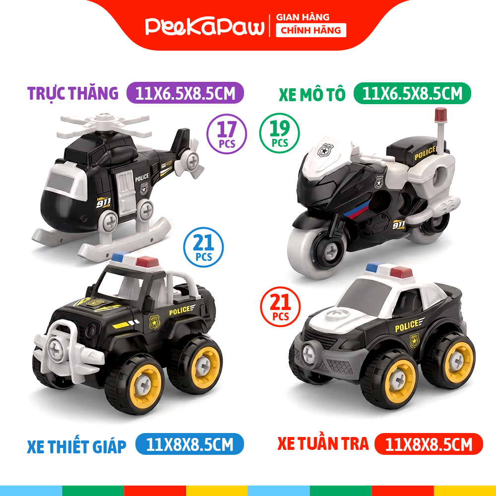 Túi 4 xe cảnh sát chạy đà trớn vặn ốc vít LY076 PeeKaPaw Toys