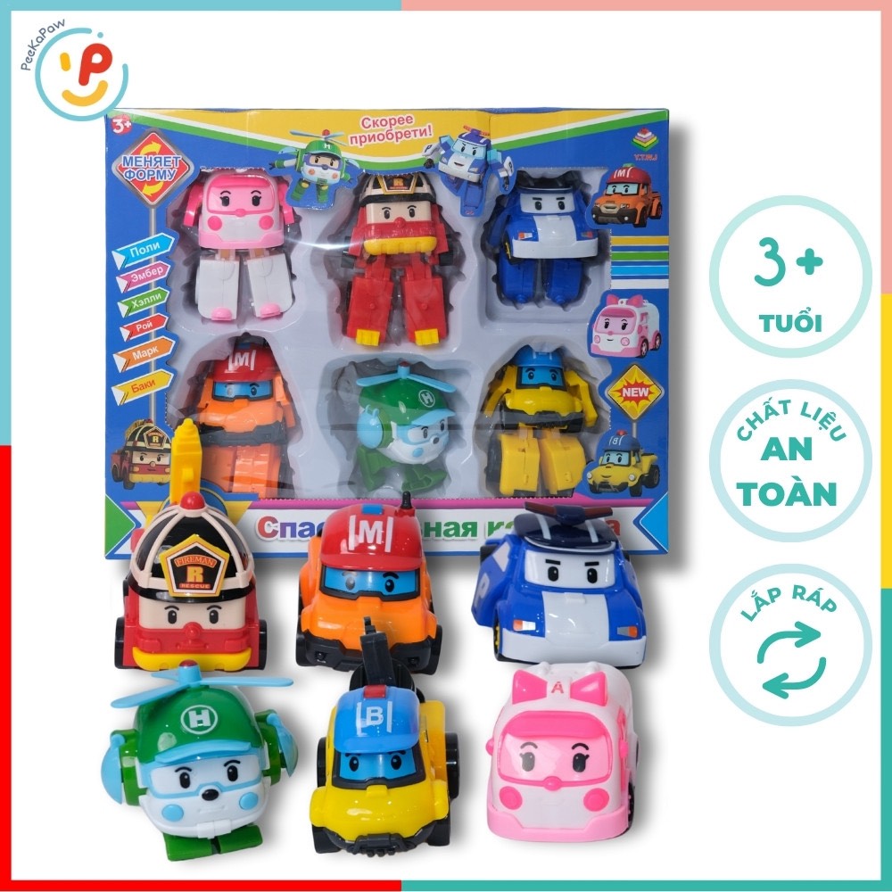 Bộ 6 Xe Robot Biến Hình Robocar Poli 2in1 335 PeeKaPaw Toys