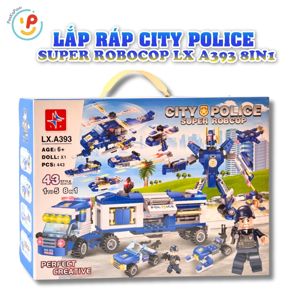 Bộ Lắp Ráp City Police Super Robocop LX A393 8in1 443 Mảnh PeeKaPaw Toys