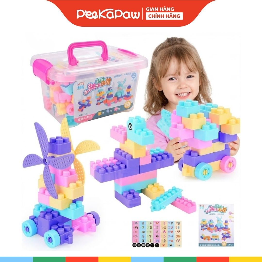 Bộ đồ chơi xếp hình khối xây dựng màu pastel 100 miếng hộp nhựa