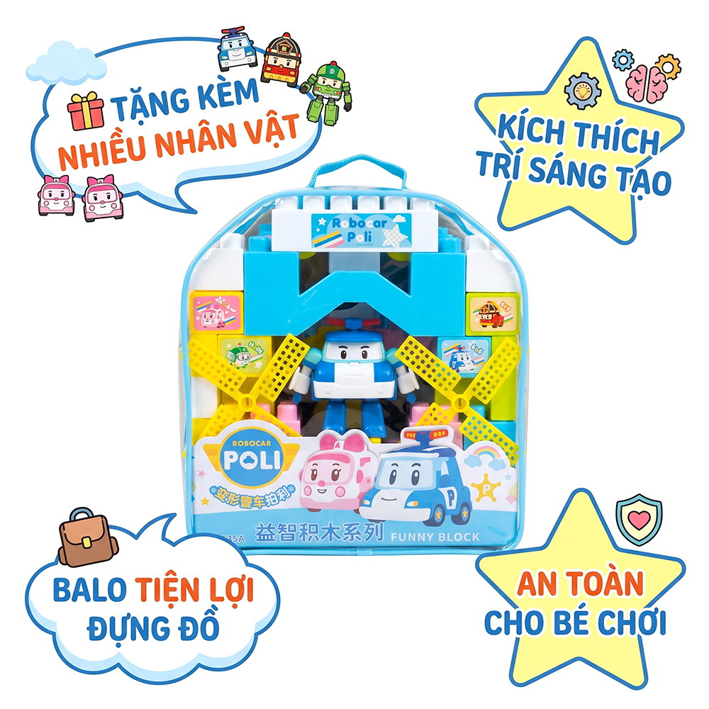Ba lô đồ chơi lắp ráp xếp hình khối to 52 chi tiết nhân vật Robot Poli 3635 PeeKaPaw Toys