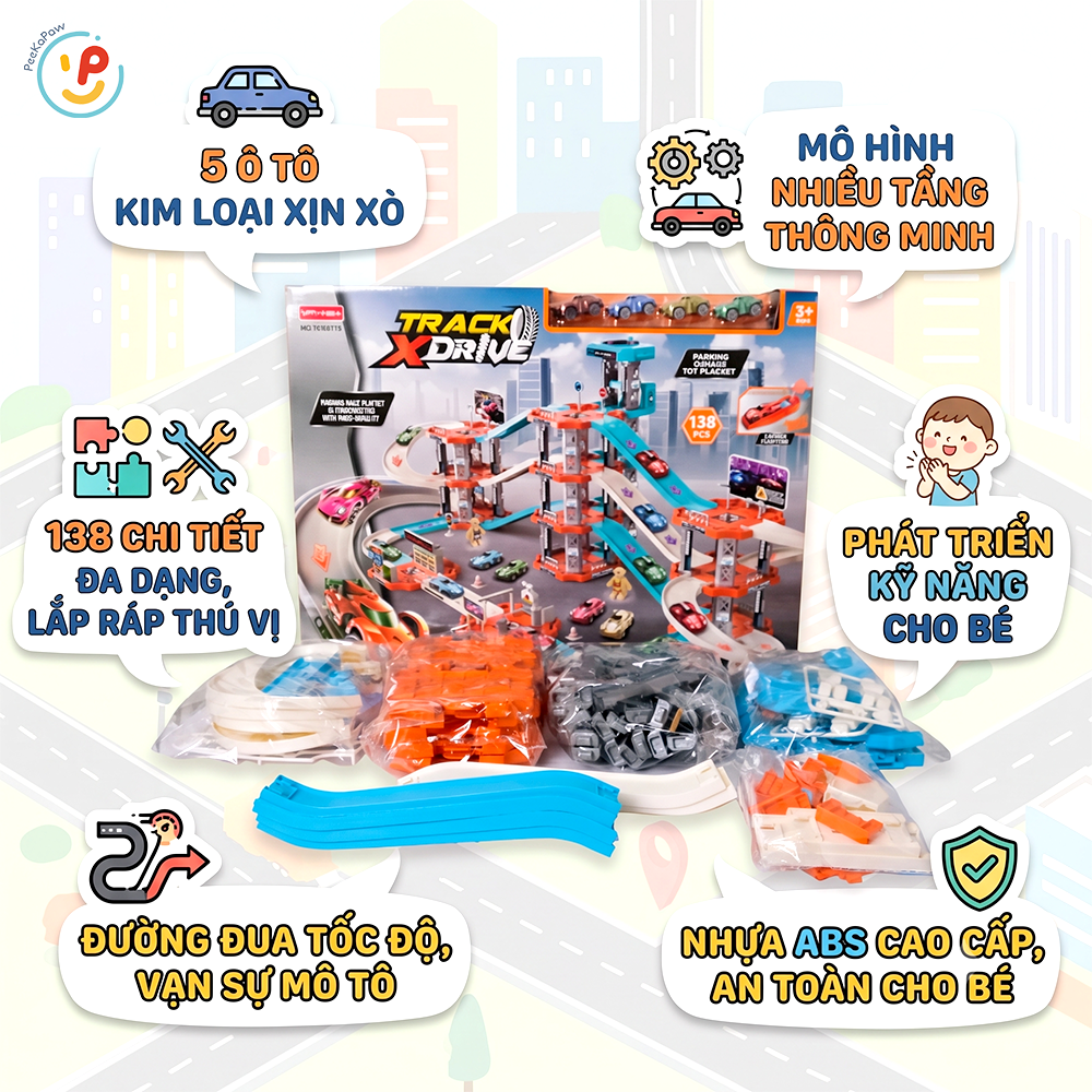 Bộ lắp ráp đường ray xe đua 3 tháp 3 tầng 138 chi tiết 17S PeeKaPaw Toys