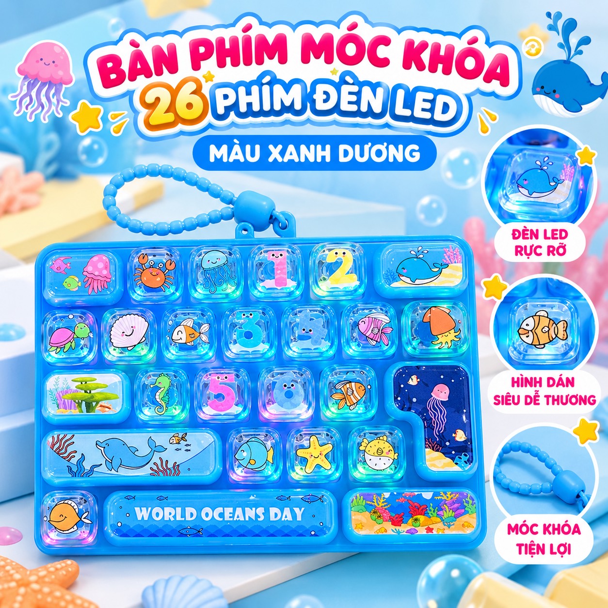 Đồ chơi bàn phím móc khoá 26 phím có đèn LED 10cm PeeKaPaw Toys