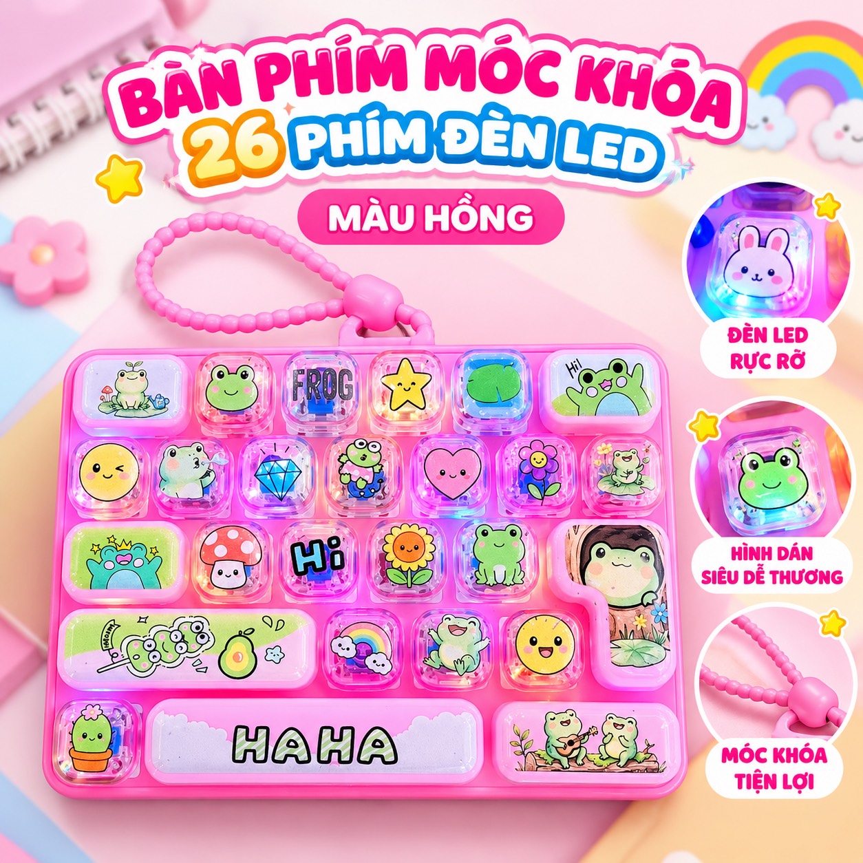 Đồ chơi bàn phím móc khoá 26 phím có đèn LED 10cm PeeKaPaw Toys