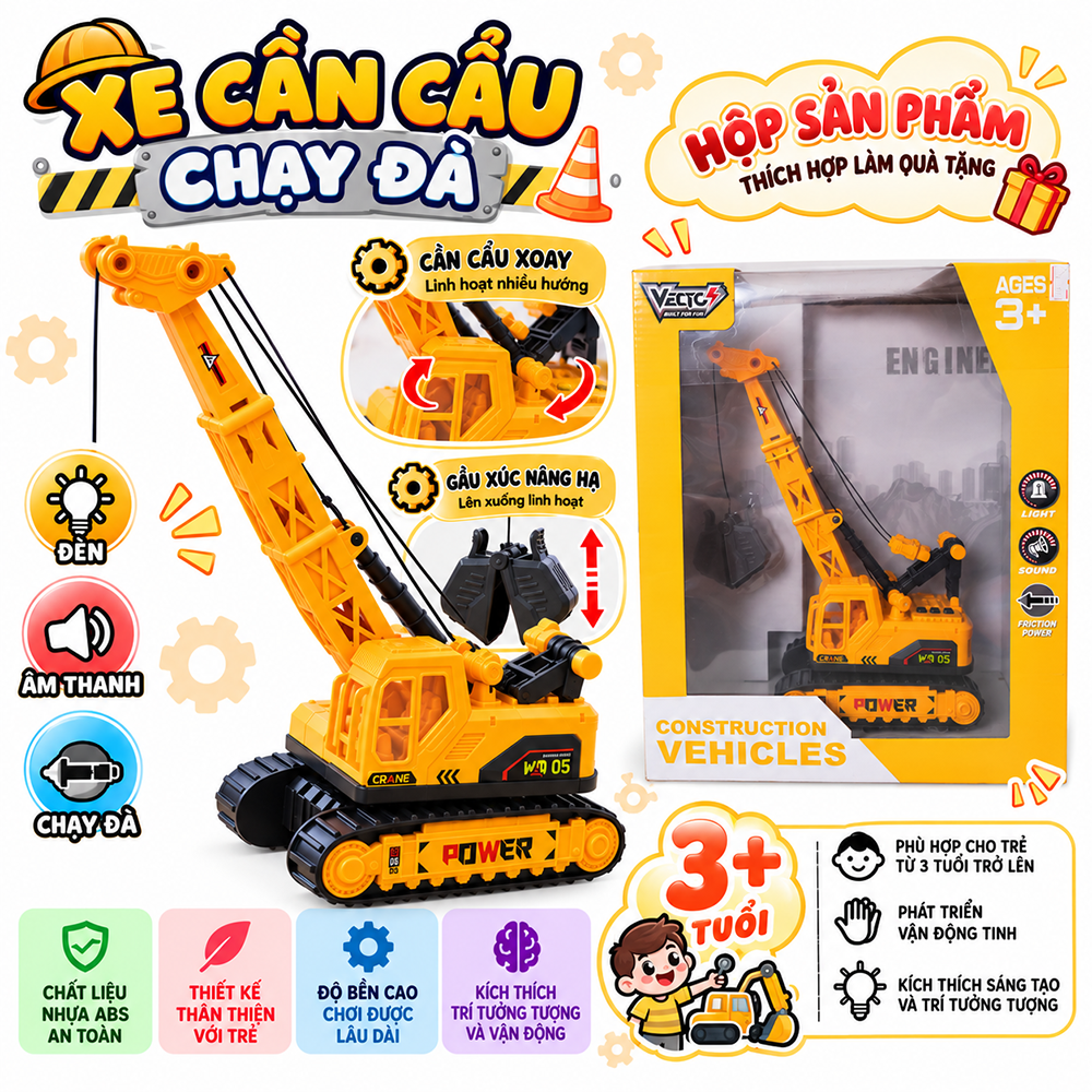 Xe cẩu đồ chơi hộp 40cm có đèn xoay 360 độ chính hãng Vector VT105 PeeKaPaw Toys