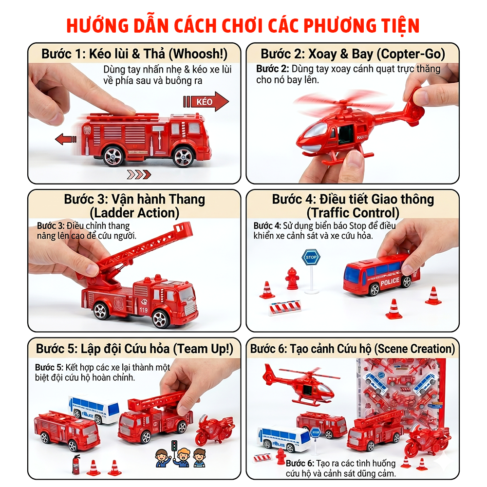 Vỉ 12 xe máy bay cứu hỏa kéo lui kèm phụ kiện giao thông BQ-100 PeeKaPaw Toys