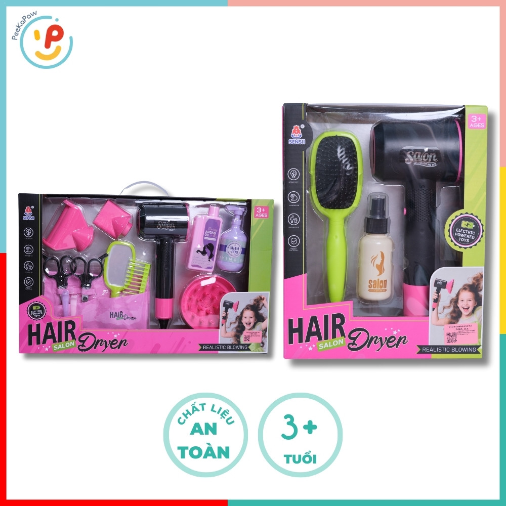 Đồ chơi máy sấy tóc dùng pin cho bé Hair Salon kéo lược phụ kiện làm tóc 096 PeeKaPaw Toys