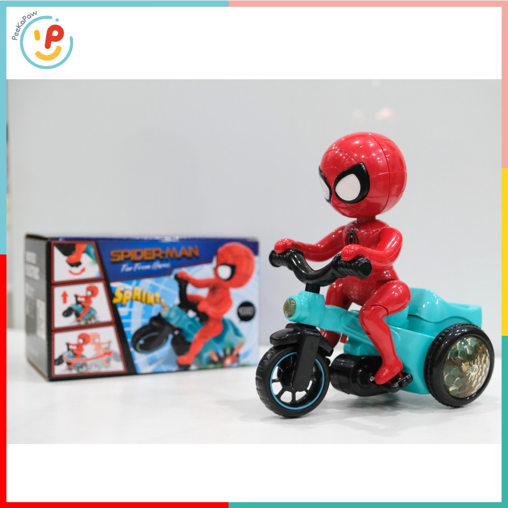 Đồ chơi Spiderman Người Nhện Đạp Xe Có Đèn Nhạc Xoay 360° PeeKaPaw Toys