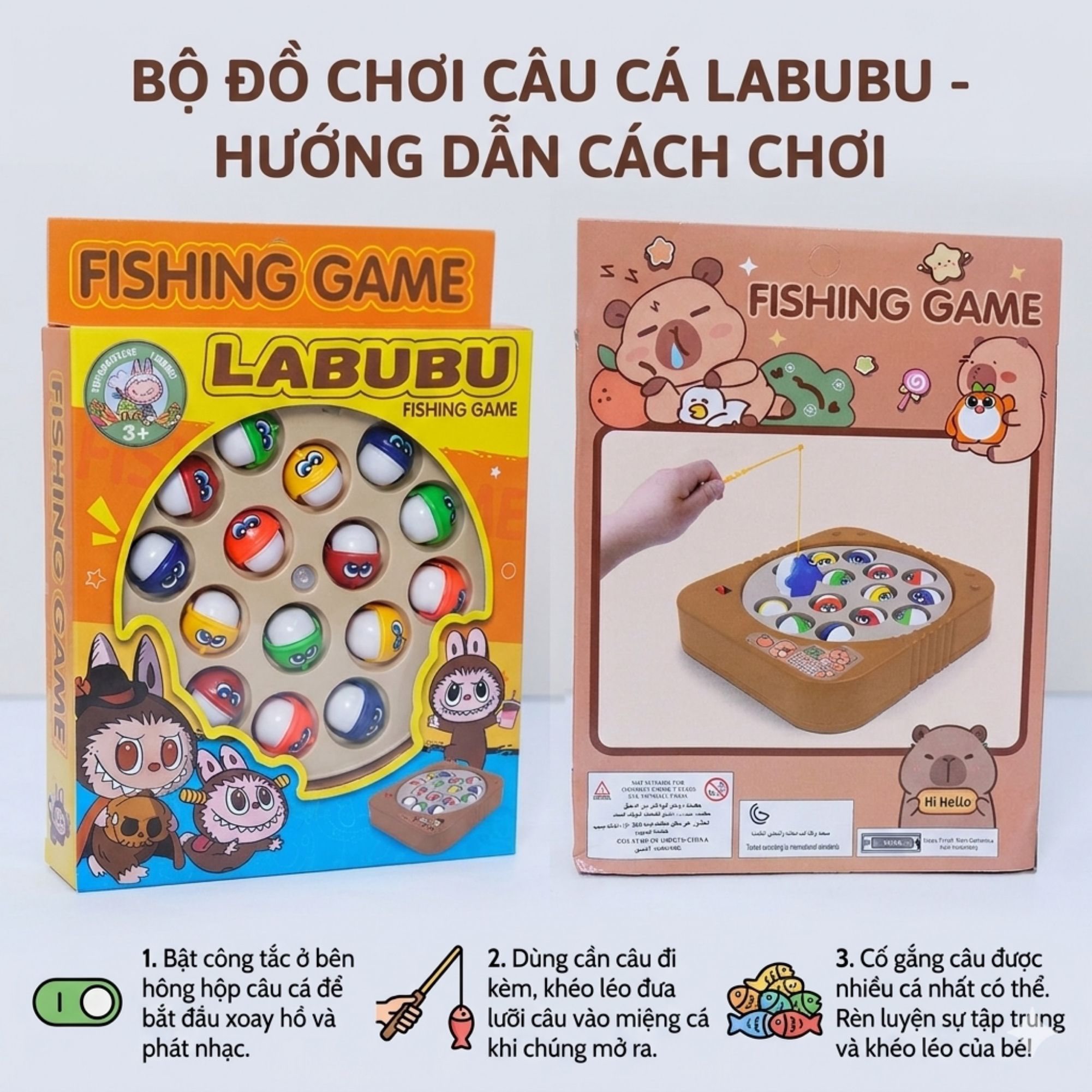 Hồ câu cá bàn xoay 15 con Labubu Capybara dễ thương đồ chơi tuổi thơ 6812 PeeKaPaw Toys