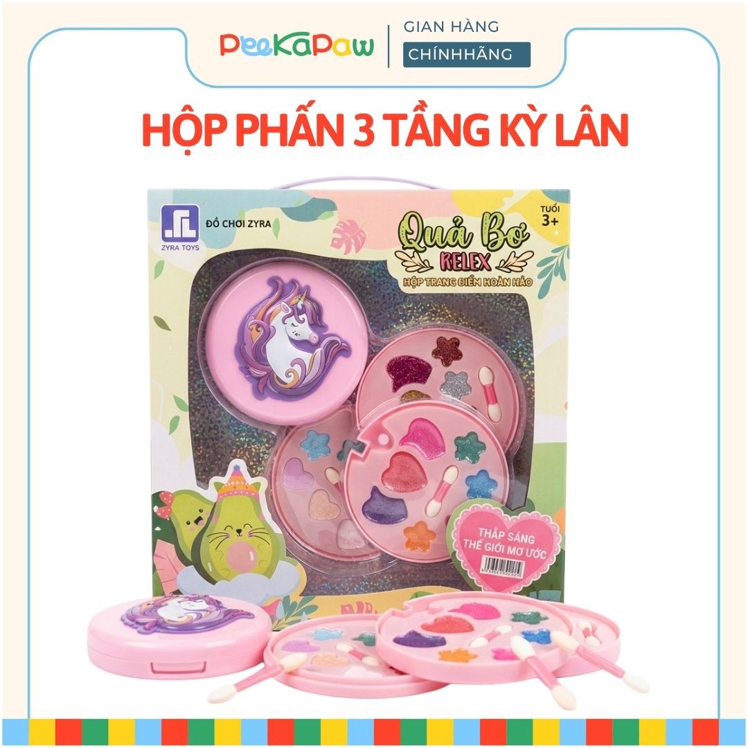 Bộ đồ chơi trang điểm cho bé hộp phấn kỳ lân 3 tầng có gương son môi PeeKaPaw Toys