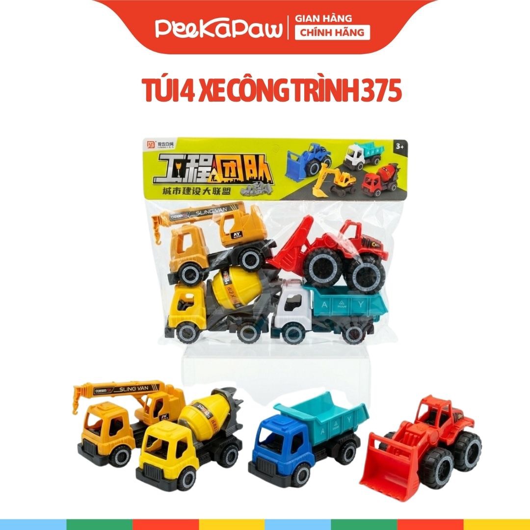 Bộ 4 Xe Công Trình Đồ Chơi Mini Cho Bé Xe Ben Xe Xúc Xe Cẩu Xe Trộn 375 PeeKaPaw Toys