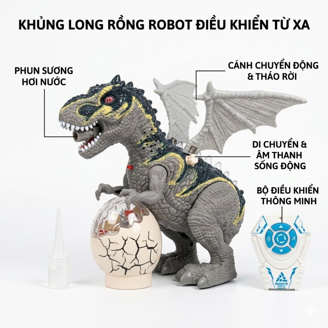 Khủng Long Điều Khiển Phun Khói Có Cánh Đèn Âm Thanh 8823Y PeeKaPaw Toys
