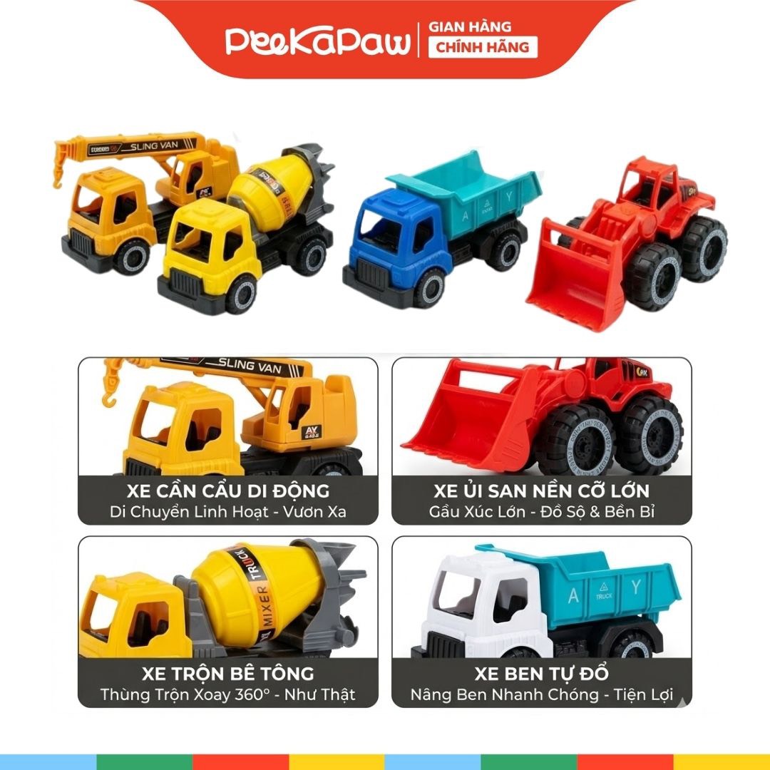 Bộ 4 Xe Công Trình Đồ Chơi Mini Cho Bé Xe Ben Xe Xúc Xe Cẩu Xe Trộn 375 PeeKaPaw Toys