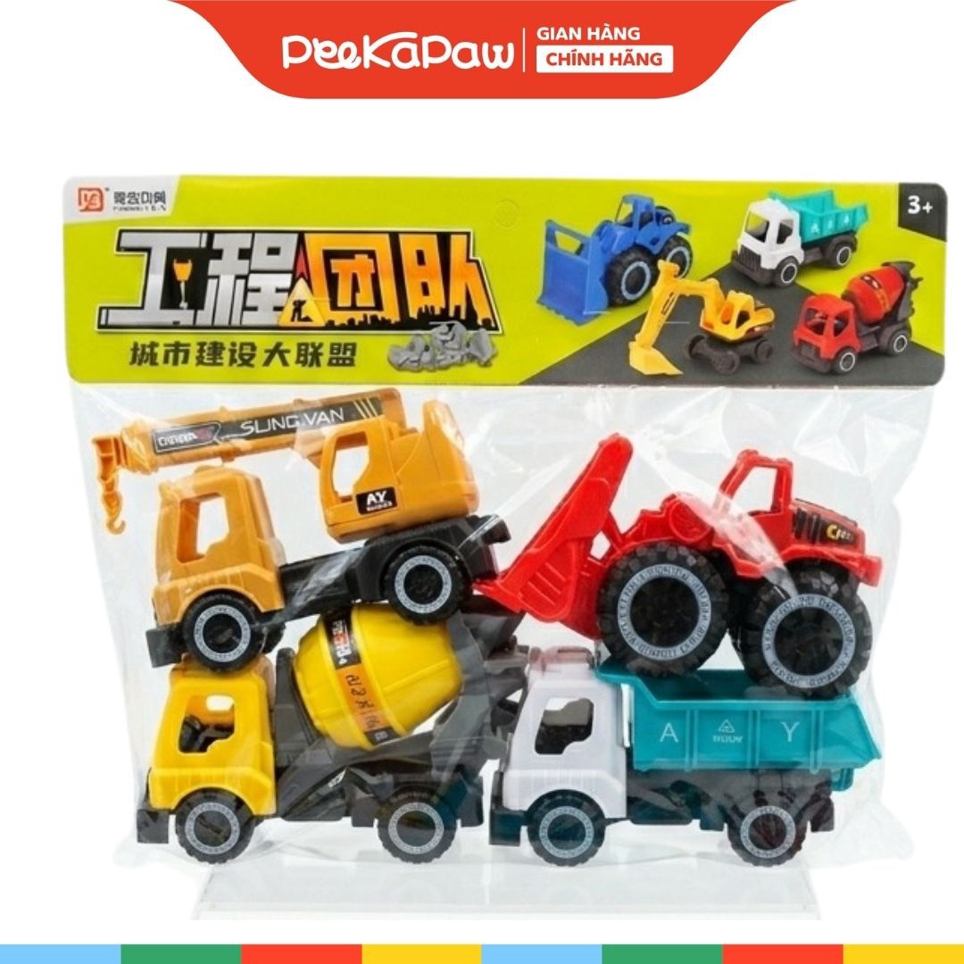 Bộ 4 Xe Công Trình Đồ Chơi Mini Cho Bé Xe Ben Xe Xúc Xe Cẩu Xe Trộn 375 PeeKaPaw Toys