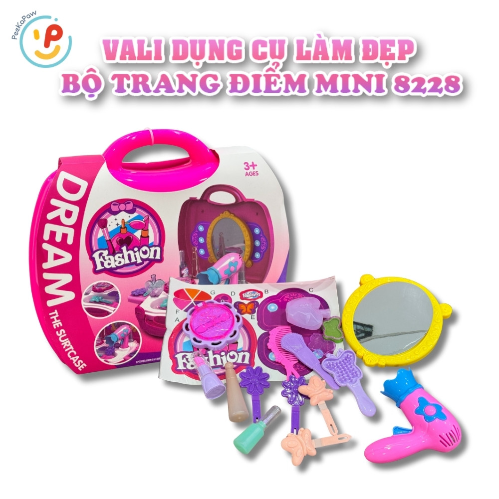 Vali Đồ Chơi Dụng Cụ Làm Đẹp Cho Bé 8228 – Bộ Trang Điểm Mini Gương, Lược, Máy Sấy Tóc, Son PeeKaPaw Toys