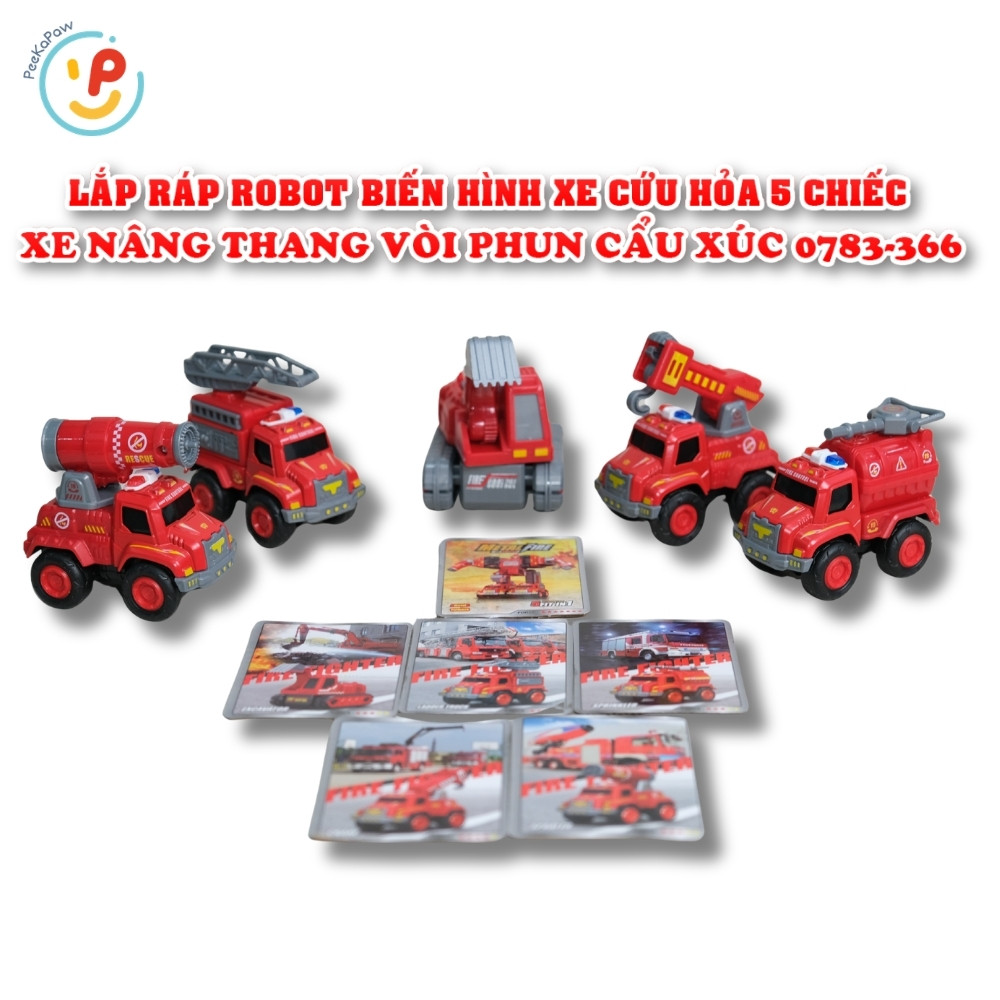 Bộ lắp ráp Robot biến hình xe cứu hoả 5 chiếc 0783-366 Xe thang, vòi phun, cẩu, xúc PeeKaPaw Toys