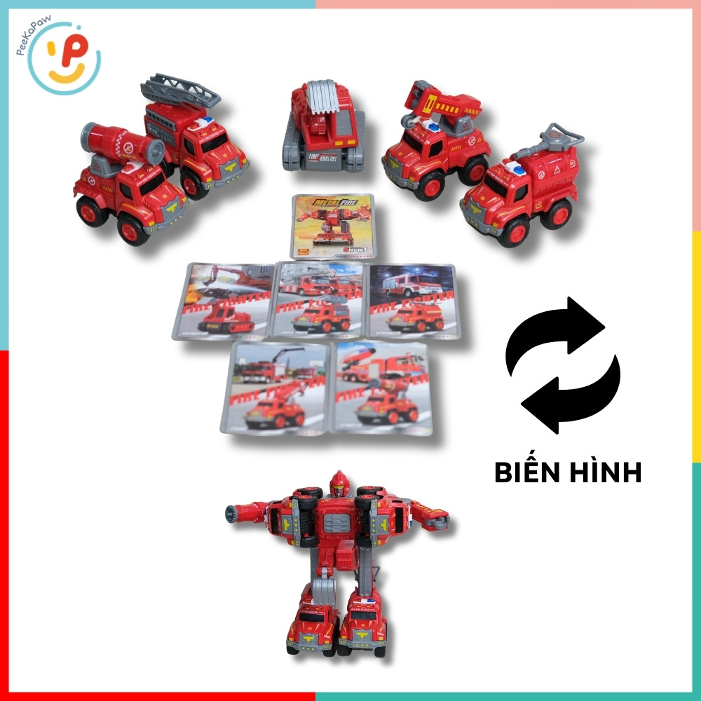 Bộ lắp ráp Robot biến hình xe cứu hoả 5 chiếc 0783-366 Xe thang, vòi phun, cẩu, xúc PeeKaPaw Toys