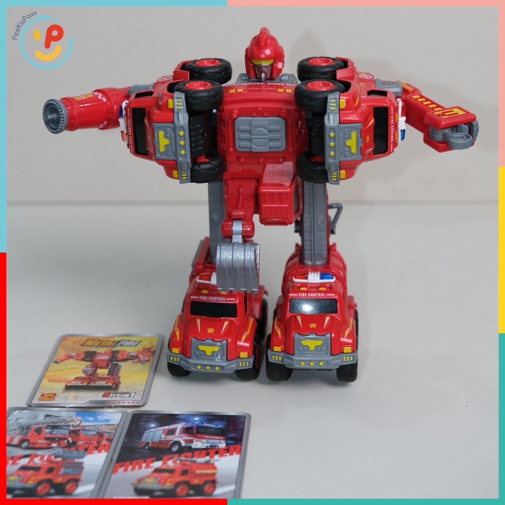 Bộ lắp ráp Robot biến hình xe cứu hoả 5 chiếc 0783-366 Xe thang, vòi phun, cẩu, xúc PeeKaPaw Toys