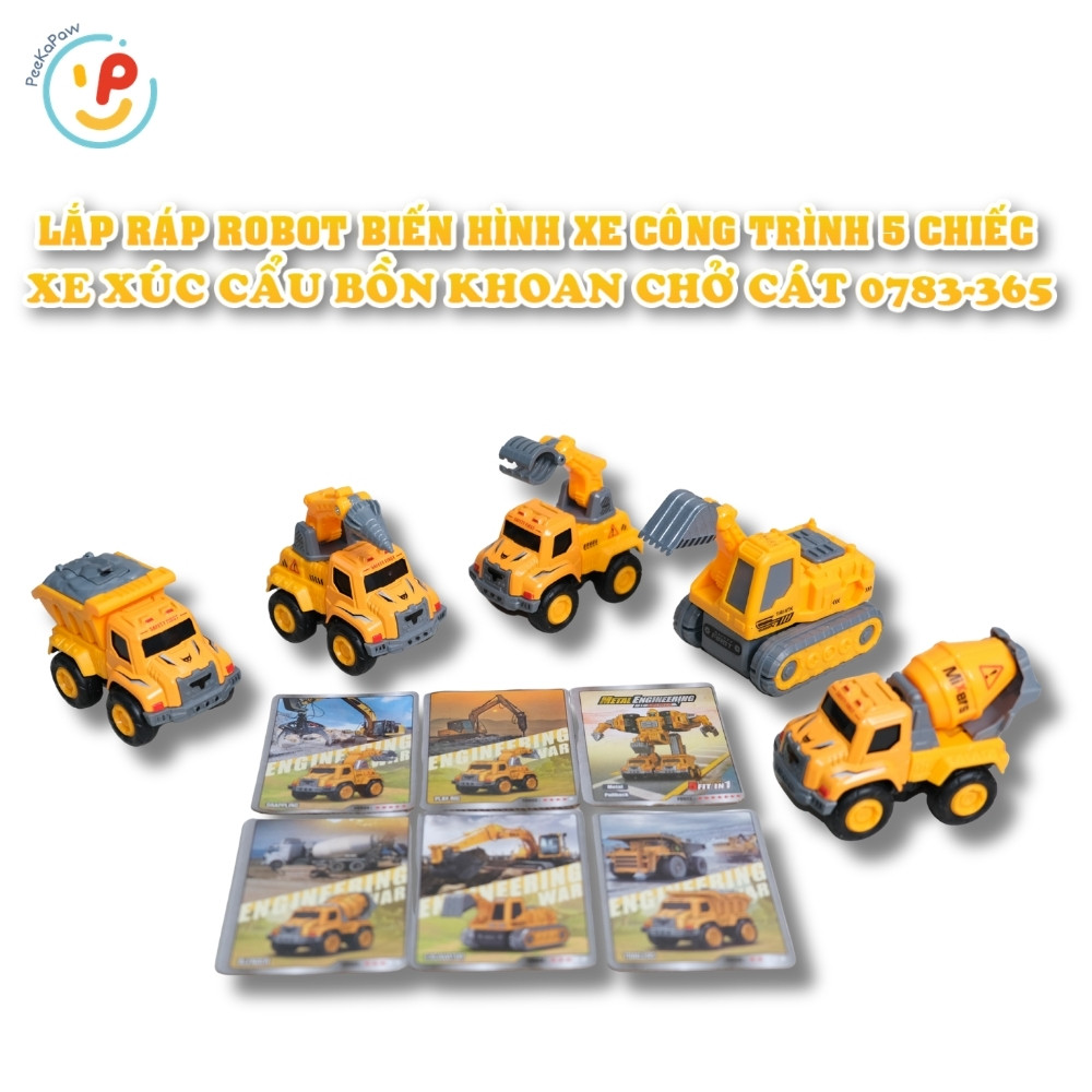 Bộ lắp ráp Robot biến hình xe công trình 5 chiếc 0783-365 Xe xúc, cẩu, bồn trộn, khoan, chở cát PeeKaPaw Toys