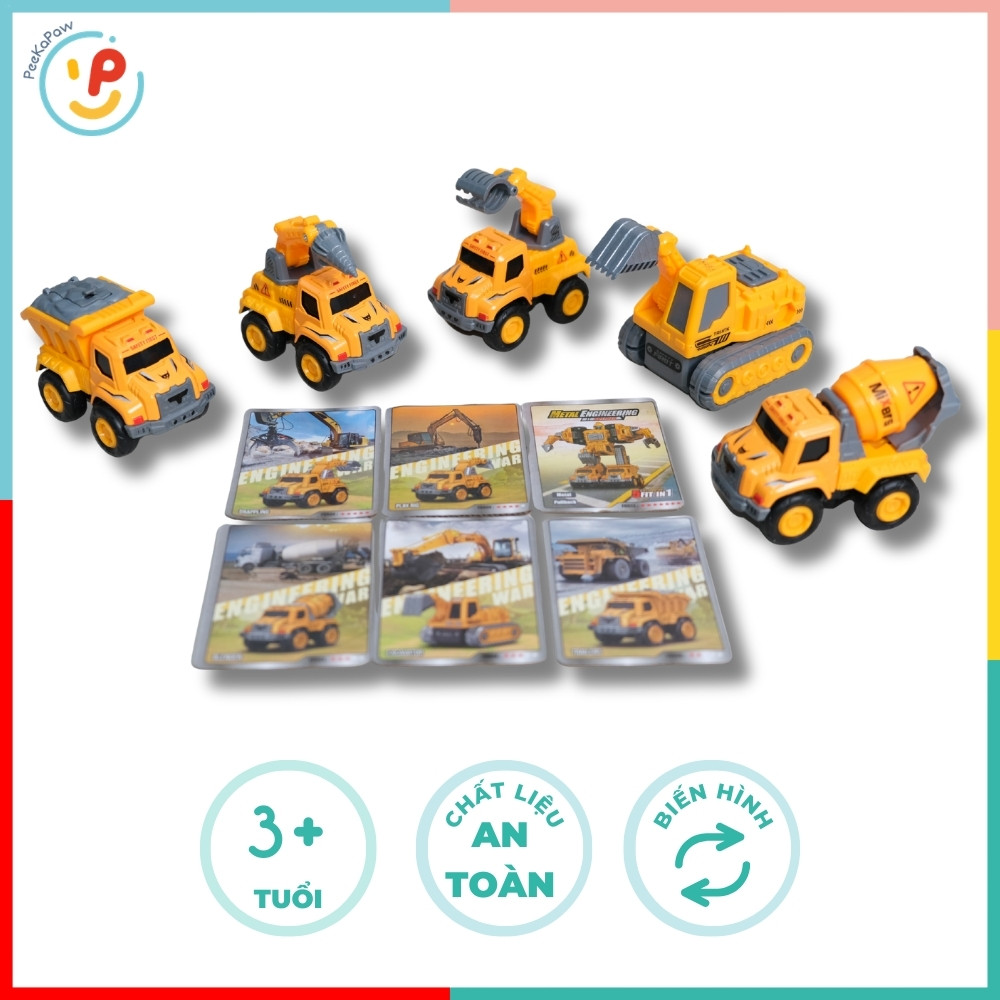 Bộ lắp ráp Robot biến hình xe công trình 5 chiếc 0783-365 Xe xúc, cẩu, bồn trộn, khoan, chở cát PeeKaPaw Toys