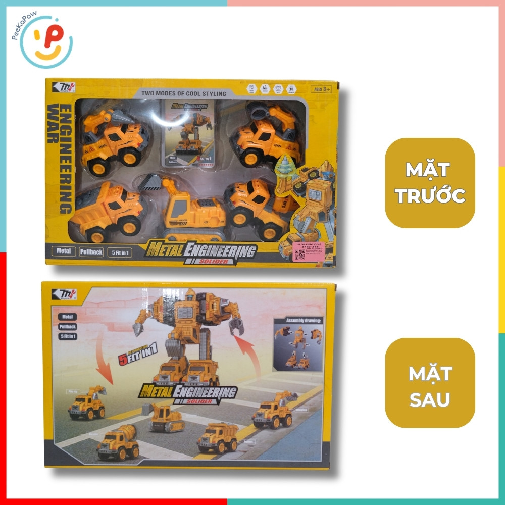 Bộ lắp ráp Robot biến hình xe công trình 5 chiếc 0783-365 Xe xúc, cẩu, bồn trộn, khoan, chở cát PeeKaPaw Toys