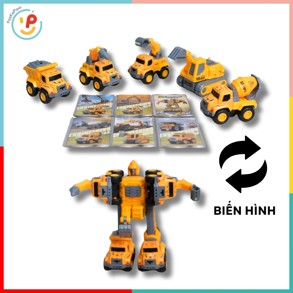 Bộ lắp ráp Robot biến hình xe công trình 5 chiếc 0783-365 Xe xúc, cẩu, bồn trộn, khoan, chở cát PeeKaPaw Toys