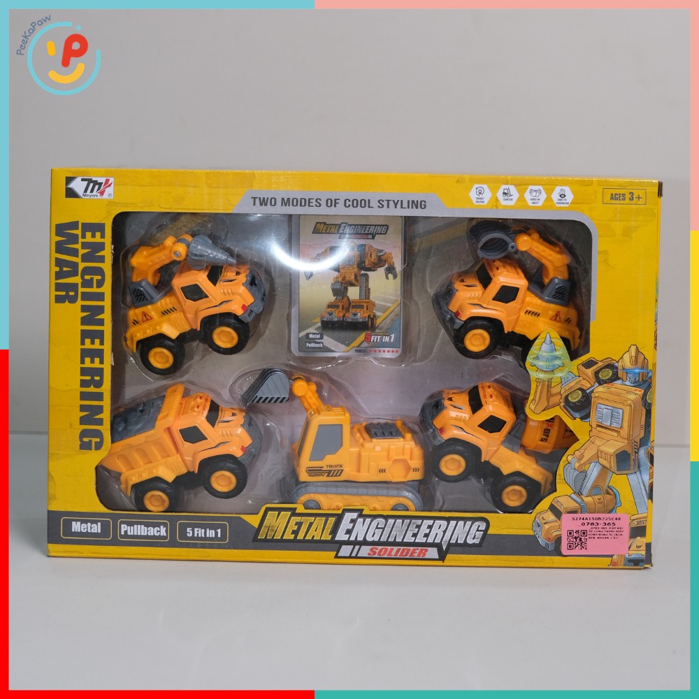 Bộ lắp ráp Robot biến hình xe công trình 5 chiếc 0783-365 Xe xúc, cẩu, bồn trộn, khoan, chở cát PeeKaPaw Toys