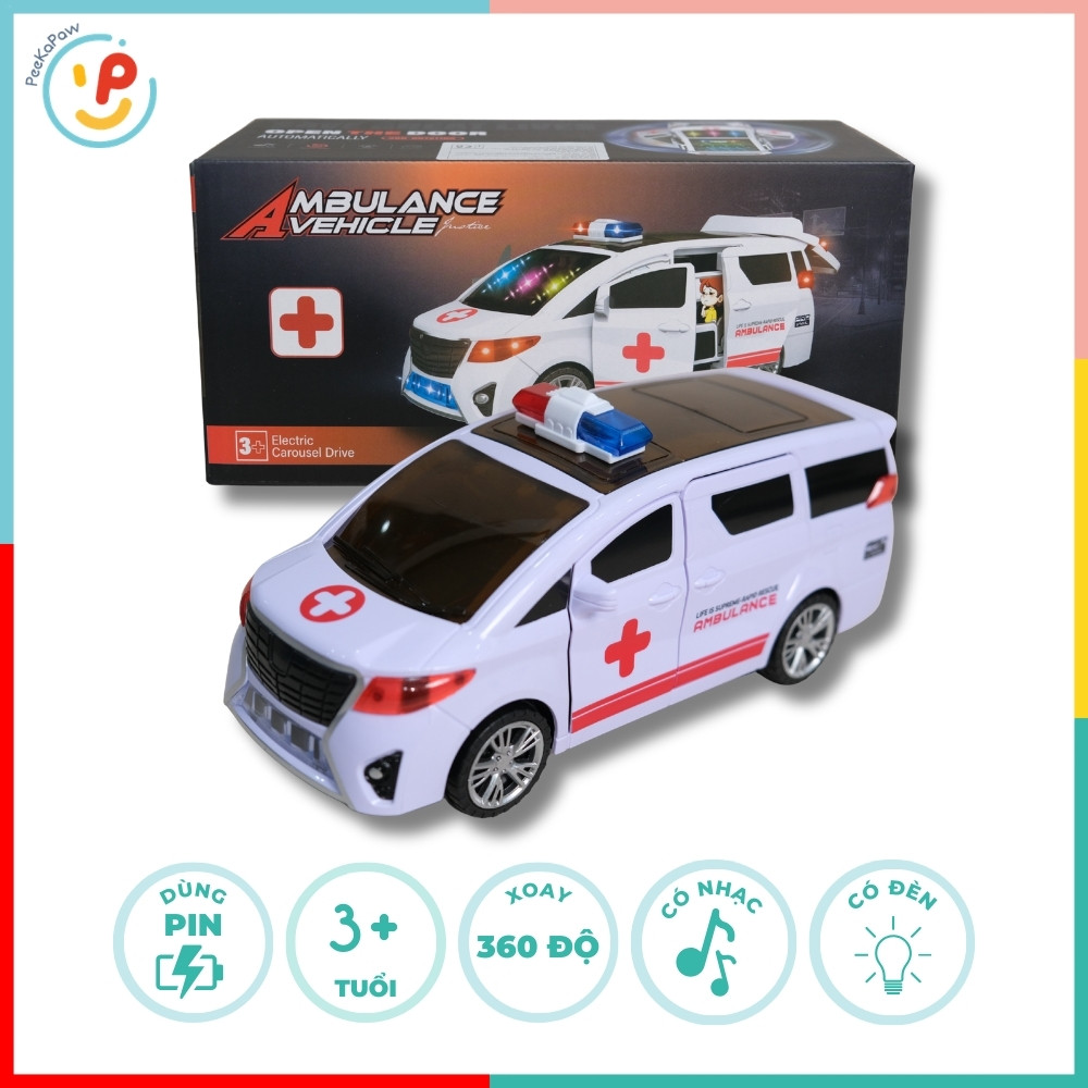 Xe cứu thương chạy pin mở cửa xoay 360° có nhạc đèn còi 4545 PeeKaPaw Toys