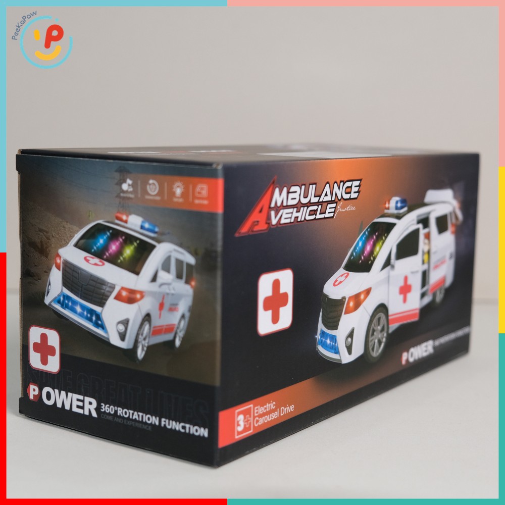 Xe cứu thương chạy pin mở cửa xoay 360° có nhạc đèn còi 4545 PeeKaPaw Toys