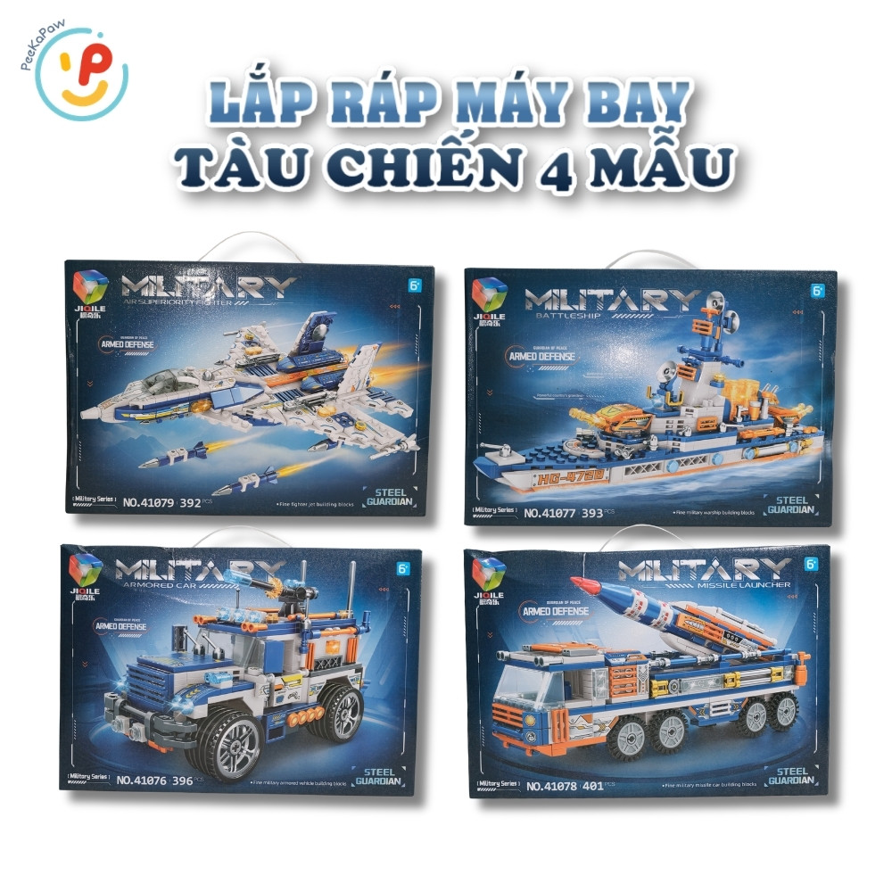 Hộp đồ chơi xếp hình lắp ráp tàu chiến máy bay xe quận đội 400 chi tiết PeeKaPaw Toys