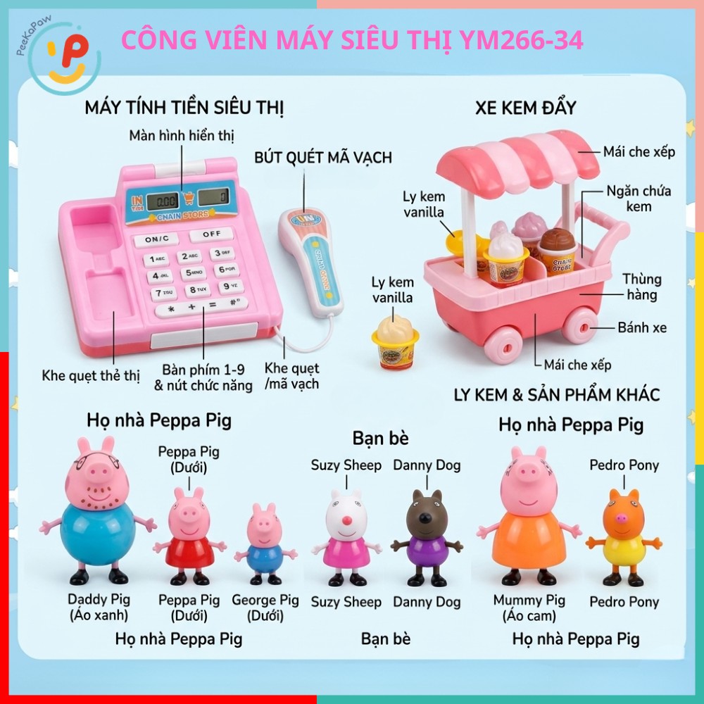 Đồ chơi gia đình Heo Hồng Peppa máy siêu thị và xe kem YM266-37 PeeKaPaw Toys