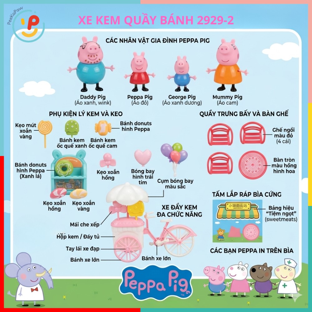 Đồ chơi mô hình gia đình heo hồng xe kem quầy bánh 2929-2 PeeKaPaw Toys