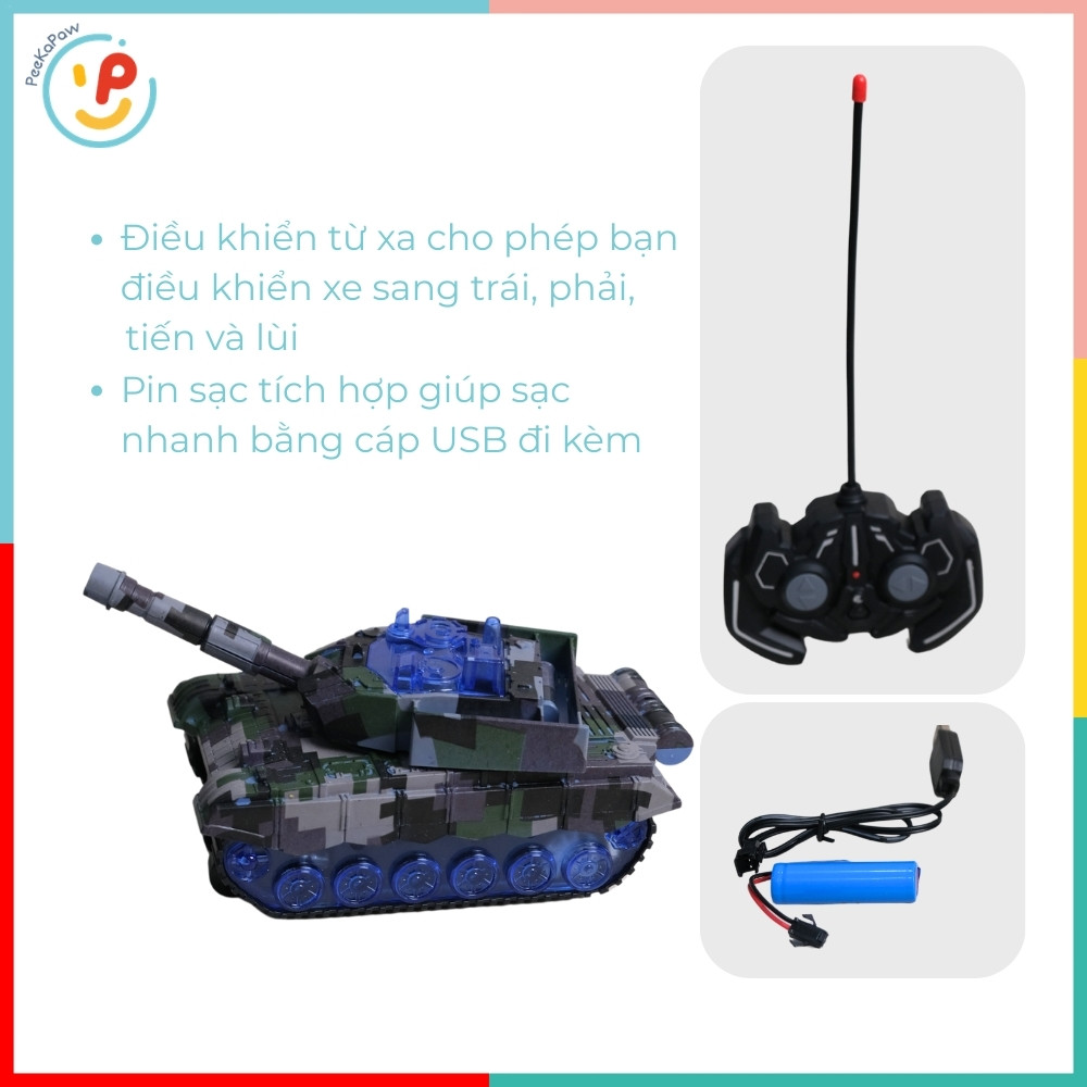 Xe tăng điều khiển pin sạc có đèn 303-18 PeeKaPaw Toys