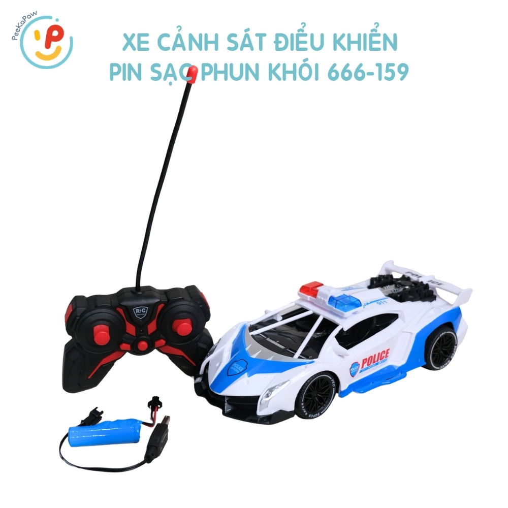 Xe cảnh sát điều khiển từ xa pin sạc phun khói 666-159 PeeKaPaw Toys