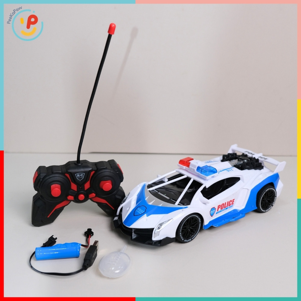 Xe cảnh sát điều khiển từ xa pin sạc phun khói 666-159 PeeKaPaw Toys