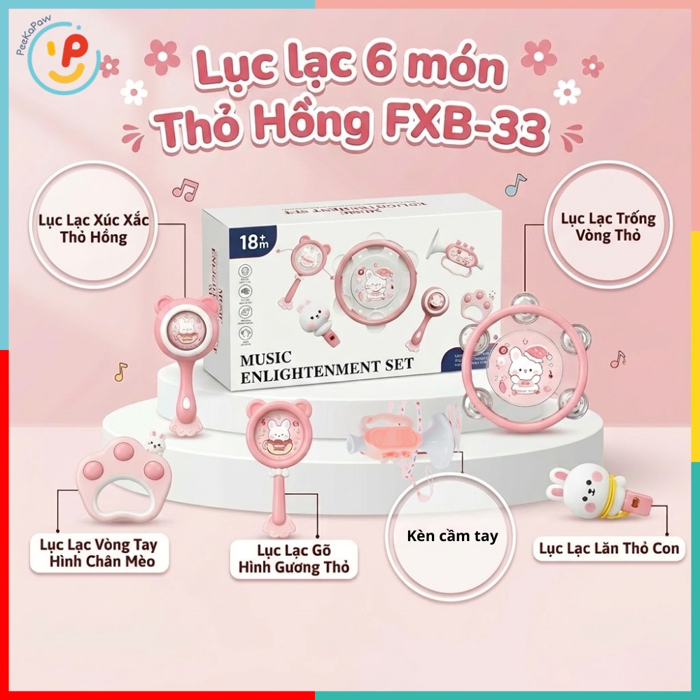 Lục lạc 6 món Thỏ Hồng cho bé 18 tháng FXB-33 PeeKaPaw Toys