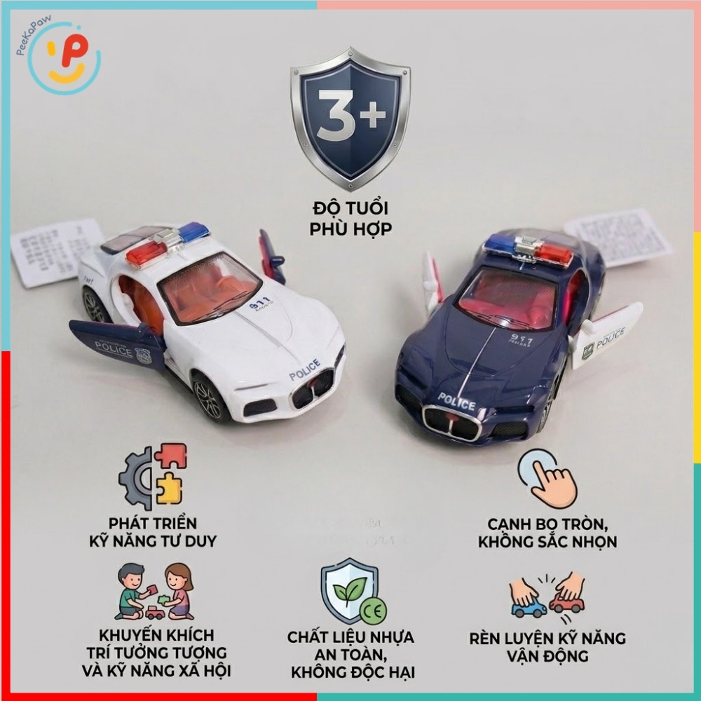 Xe cảnh sát đồ chơi chạy đà trớn chất liệu hợp kim mở cửa có đèn còi 708-8 PeeKaPaw Toys