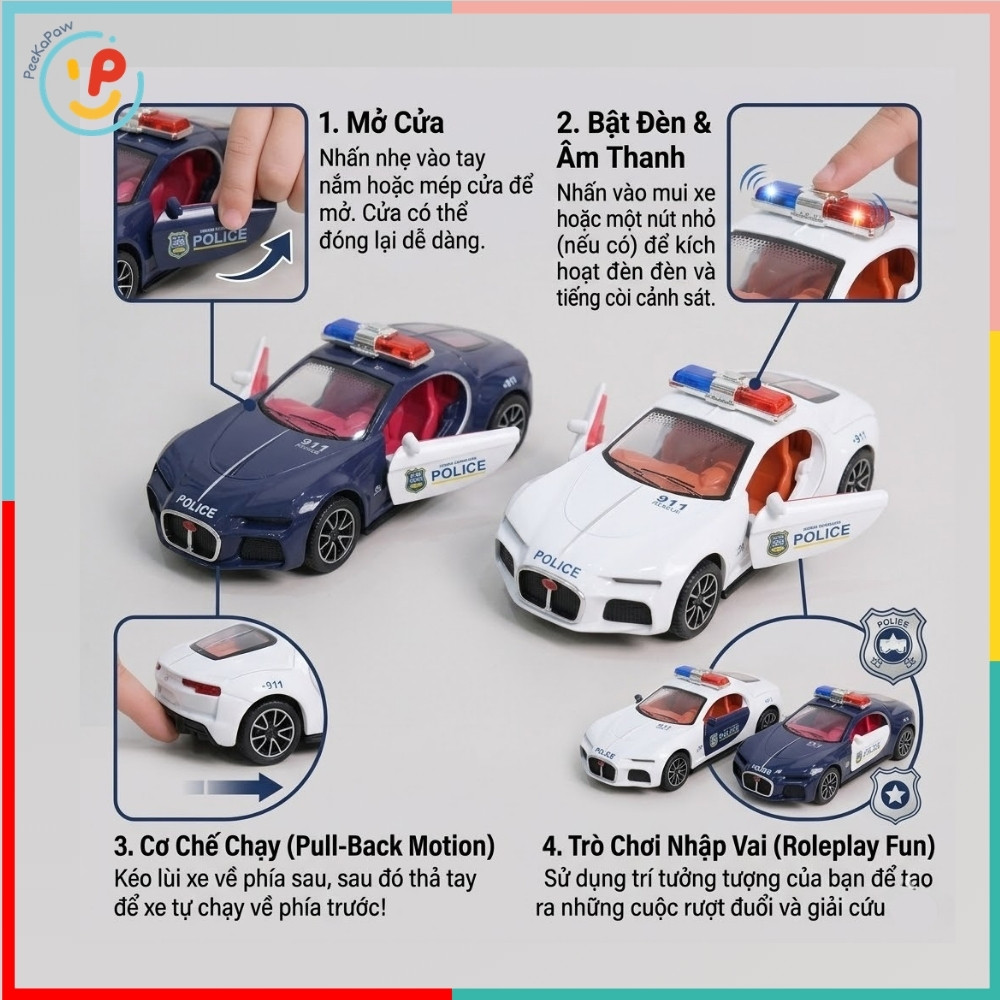 Xe cảnh sát đồ chơi chạy đà trớn chất liệu hợp kim mở cửa có đèn còi 708-8 PeeKaPaw Toys
