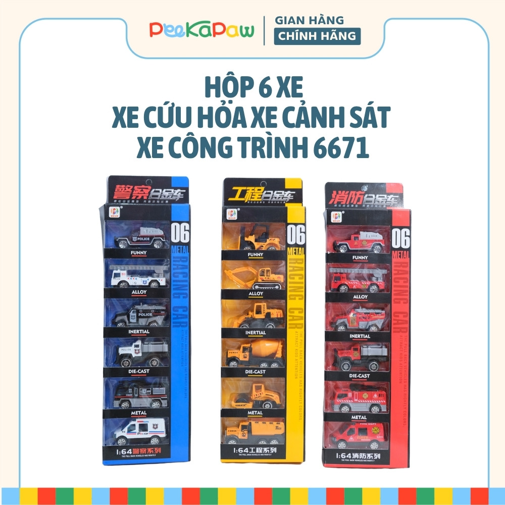 Hộp 6 xe cảnh sát xe cứu hỏa xe công trình 6671 PeeKaPaw Toys