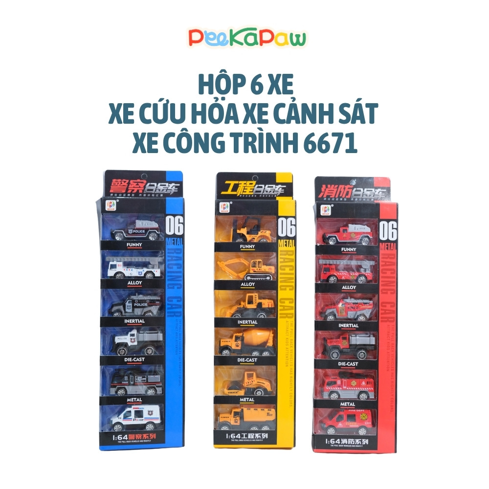 Hộp 6 xe cảnh sát xe cứu hỏa xe công trình 6671 PeeKaPaw Toys