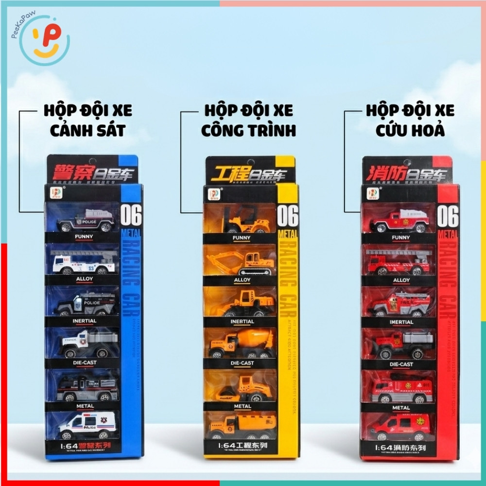 Hộp 6 xe cảnh sát xe cứu hỏa xe công trình 6671 PeeKaPaw Toys