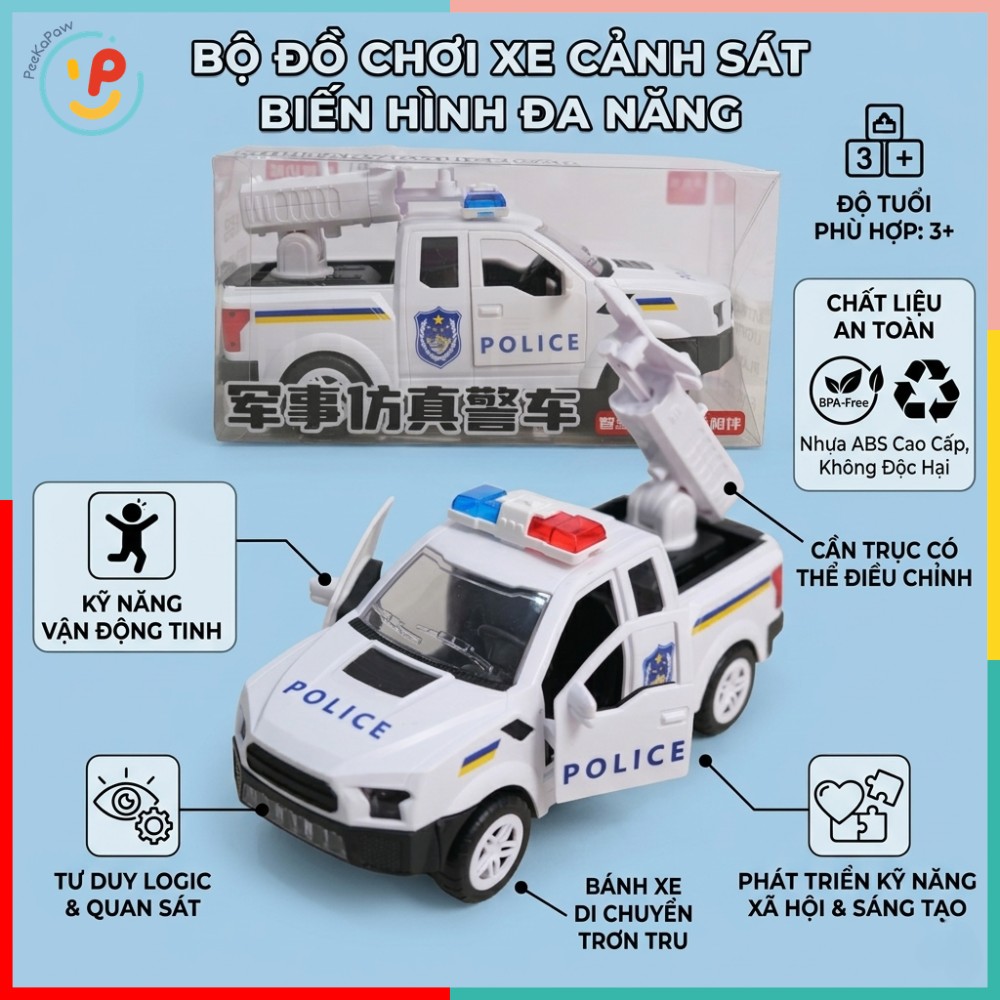 Xe cảnh sát phóng máy bay mở cửa có đèn còi chạy pin A422-25 PeeKaPaw Toys